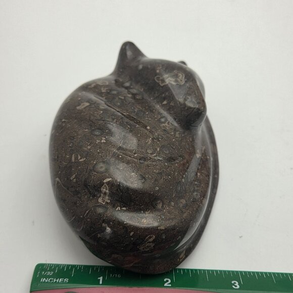 Black Sleeping Cat Kitty Natural Carved Fossil Stone Pakistan - Picture 11 of 12